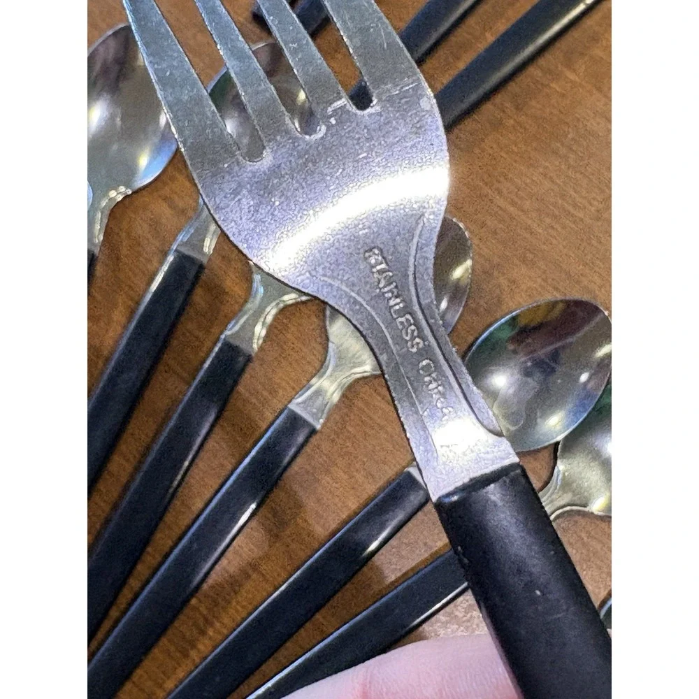 Large Set of MCM Black Handle Flatware Retro Dinerware 50's Forks Knives Spoons